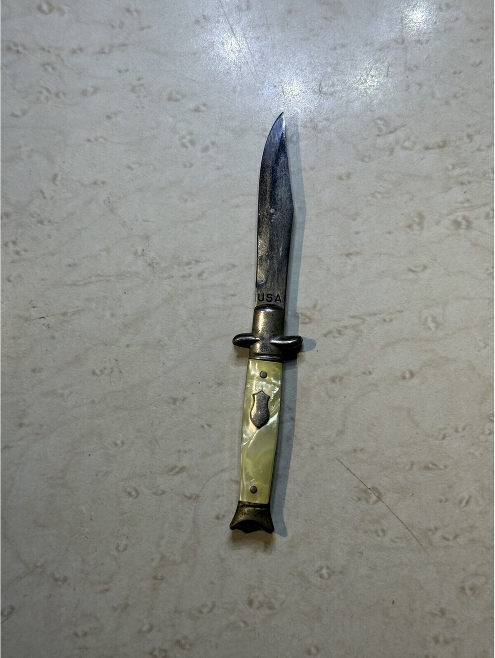 Vintage USA Mini Fixed Blade Knife Pearl Look Handle Shield 3.75” Miniature